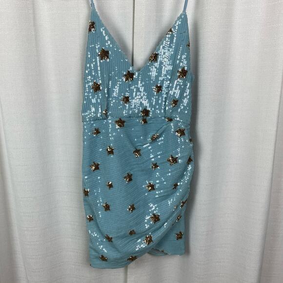 Revolve Superdown Blue Star Print Sequin Dina Mini Dress Sz.S - Picture 5 of 16